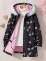SHEIN Kids FANZEY Tween Girl Unicorn Print Fuzzy Trim Hooded Thermal Lined Coat Without Sweater