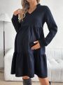 SHEIN Solid Maternity V-neck Dress With Ruffle Trim Decoration