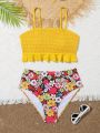Teen Girl's Ruffle Hem Cami Top And Floral Printed Triangle Bikini Set