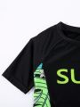 SHEIN 2pcs/Set Toddler Boys' Casual Letter Printed Swimwear With Plant & Leaf Print Rash Guard And Swim Trunk For Pool & Beach