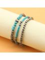 6pieces/set navajo pearl &turquoise stone Vintage silver beaded stacking bangle bracelet Bead Stretchable Elastic Bracelet For Women, Daily Wear