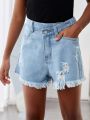 SHEIN Tween Girls' Elastic-Free Frayed Hem Casual Denim Shorts