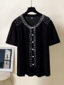 Plus Size Beaded Front Button T-Shirt
