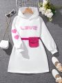 Tween Girls' Casual Hooded Sweatshirt Dress With Letter And Heart Print