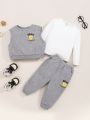 SHEIN Baby Boys' Cartoon Bear Patterned Vest, Long Sleeve Top, Footed Pants Set, 3pcs