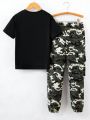 SHEIN Kids EVRYDAY Letter Print Tee and Camo Print Cargo Pant