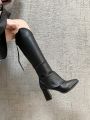 Off-white Autumn/winter Pointed Toe High Heels Pleated Over The Knee Boots, Women's Chunky Heel Knee-high Riding Boots