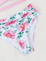 Teenagers (Female) Solid Color Top And Floral Print Bottoms Swimsuit Set
