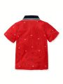SHEIN Kids Academe Toddler Boys' Daily Comfortable Geometric Print Short Sleeve Polo Shirt For Spring And Summer
