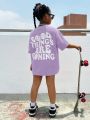 SHEIN Kids Cooltwn Tween Girls' Knitted Letter Print Round Neck Loose Fit Sports Casual Short Sleeve T-Shirt