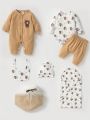 SHEIN Newborn Baby Boys' 1-Month Gift Box Set Including Cute Cartoon Bear Printed Romper & Pants, Simple And Comfortable Spring/Summer Outfits
