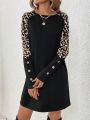 SHEIN LUNE Women's Leopard Print Splice Raglan Sleeve T-shirt Dress