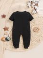 SHEIN Infant Boys' Cartoon Teddy Bear Printed Short Sleeve Romper With Round Neckline And Long Pants