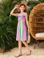 SHEIN Kids SUNSHNE Tween Girl's Colorful Striped Hollow Out Cami Summer Vacation Dress