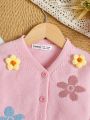 SHEIN Baby Girls' Adorable Long Sleeve V-Neck Cardigan With Little Flower Detail