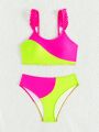 Teen Girl'S Color Block Bikini Set With Ruffle Trim