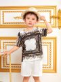 SHEIN Kids Nujoom Boy's Vintage Pattern Knitted Short Sleeve T-Shirt With Cute Round Neck