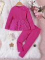 SHEIN Kids EVRYDAY Toddler Girls' Solid Color Round Neck Plush Spliced Long Sleeve Top And Slim Fit Pants Set