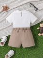 Infant Boys' Peter Pan Collar Short Sleeve T-Shirt And Button Decorated Shorts Casual Set