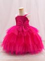 Little Girls' Glitter Mesh Spliced Butterfly Bowknot Adorned Party Dress With Spaghetti Straps