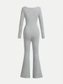 Teen Girls' Slim Fit Knitted Square Neck Flared Legs Jumpsuit With High Slit