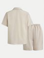 SHEIN Kids FANZEY 2pcs Tween Boys' Loose Elegant Notched Collar Short Sleeve Suit And Shorts Set