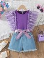 Young Girl Summer New Outfit, Patchwork Mesh Sleeveless Top And Casual Denim Shorts Set