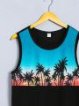 SHEIN Teen Boys' Casual Sports Coconut Tree Print Sleeveless Knitted Vest And Solid Woven Shorts Set