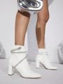 Rhinestone Decor Side Zipper Chunky Heeled Ankle Boots
