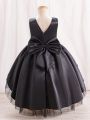Little Girls' Mesh Patchwork Fluffy Formal Dress With Bow Decoration