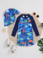 SHEIN Baby Boys' Cartoon Dinosaur Pattern Color Block Long Sleeve One-Piece Swimsuit