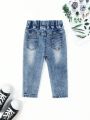 Baby Girls' Heart & Letter Pattern Washed Jeans