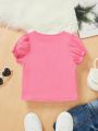 SHEIN Kids FANZEY Young Girls' Ribbed T-Shirt With Puff Sleeves And Bowknot
