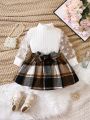 Baby Girls' Mesh Patchwork Long Sleeve Top And Plaid Skirt Set