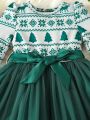 SHEIN Kids CHARMNG Young Girl Christmas Print Mesh Hem Belted Dress