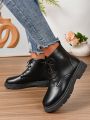 2023 New Fashionable Lace-up Flat Round Toe Motorcycle Boots, Black