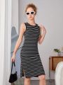 Teen Girls' Casual Basic Striped Split-back Tank Dress With College Style