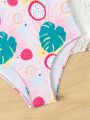 One-Shoulder Irregular Hem Plant Printed Swimsuit For Young Girls