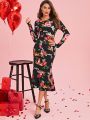 SHEIN Clasi Valentine's Day Women Butterfly Printed Mermaid Hem Dress