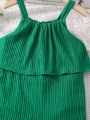 SHEIN Kids EVRYDAY Young Girl'S Vacation & Leisure Green Spaghetti Strap Jumpsuit With Ruffle Hem For Summer