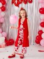 SHEIN Kids CHARMNG Toddler Girls' Heart Printed Jumpsuit And Open Front Vest Two Piece Set