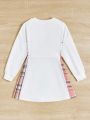 SHEIN Girls' Comfortable Plaid Patchwork Sweatshirt With Drawstring Waist For Casual Wear