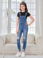 SHEIN Teen Girls Ripped Denim Overalls Without Tee