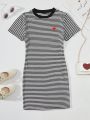 SHEIN Kids EVRYDAY Girls' Casual Striped Short Sleeve Dress With Heart Embroidery