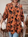 SHEIN Essnce Plus Floral Print Roll Tab Sleeve Notched Neck Blouse