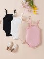 4pcs/Set Basic Sleeveless Bodysuits With Bow Knot & Elastic Ribbed Fabric For Baby Girls