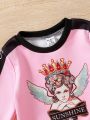 Girls Baby Figure Graphic Contrast Binding Sweatshirt