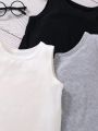 SHEIN Kids EVRYDAY Toddler Boys' Basic Black/White/Grey 3pcs Vest And Top Set