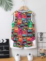 SHEIN Kids Cooltwn Boy's Cartoon Print Vest Top And Shorts Two-Piece Set