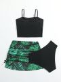 3pcs/set Teen Girls' Tropical Printed Bikini Swimsuit